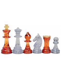 Piezas de ajedrez de plastico ambar y transparente