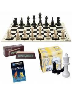 Oferta tablero y piezas de ajedrez para colegios. Con reloj DGT 1002