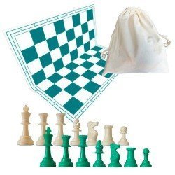 Green Chess Pack – Folding board 51x51 cm + pieces + wool bag