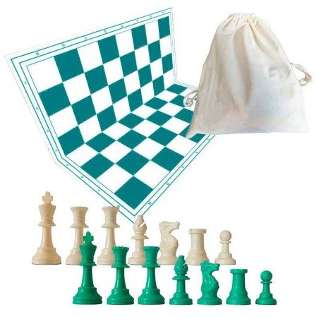 Pack Escacs Verds – Tauler plegable 51×51 cm + peces + bossa de llana