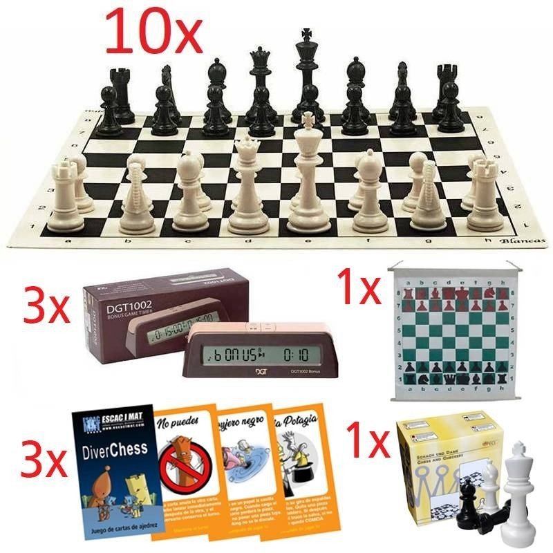 Oferta 4. 10 taulers i peces, 3 rellotges DGT 1002, 3 cartes Diverchess i 1 joc gran Rei 31 cm.