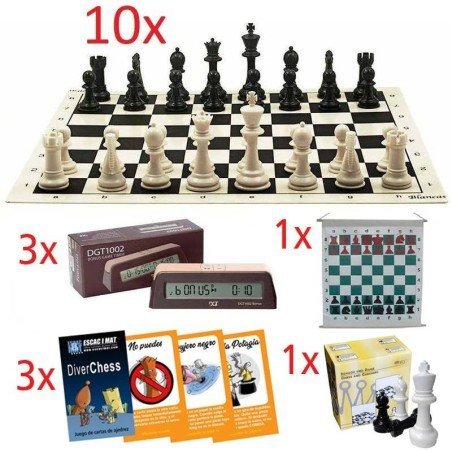 Oferta tablero y piezas de ajedrez para colegios. Con reloj DGT 1002, cartas y mural