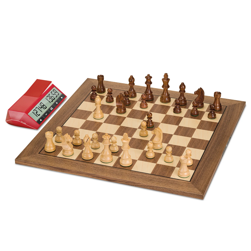 DGT 2500 clock next to chessboard and pieces