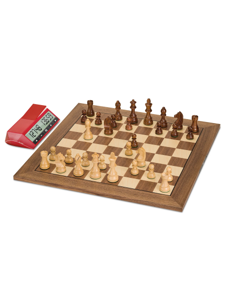 DGT 2500 clock next to chessboard and pieces