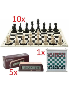 School chess pack with 10 boards, 10 sets of pieces, a magnetic demonstration board and 5 DGT 1002 clocks