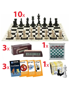Pack escolar con 10 tableros, mural magnético, 3 relojes DGT 1002, cartas Diverchess y ajedrez grande
