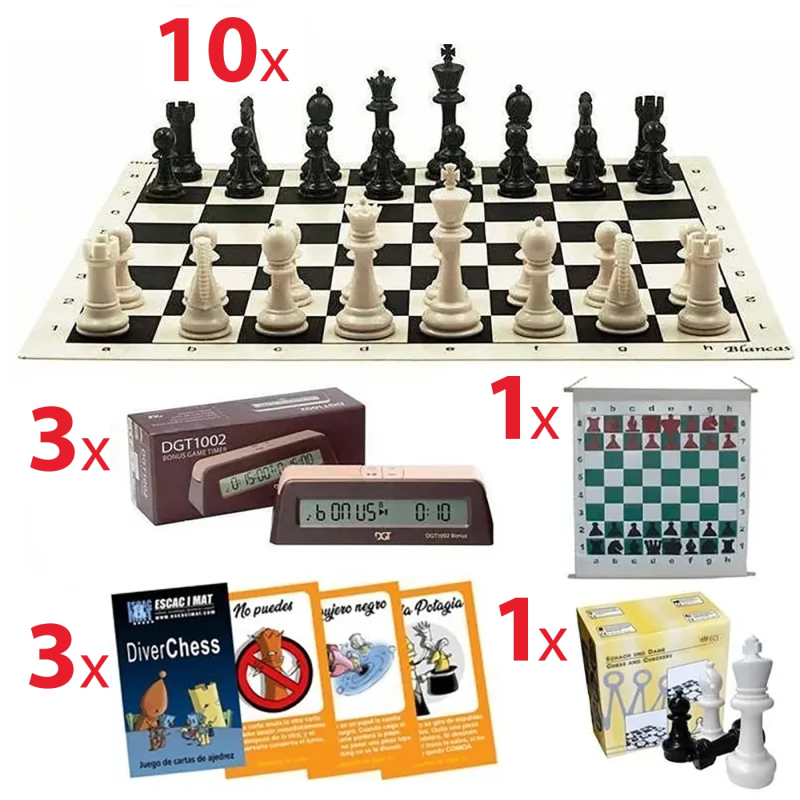 Pack escolar con 10 tableros, mural magnético, 3 relojes DGT 1002, cartas Diverchess y ajedrez grande
