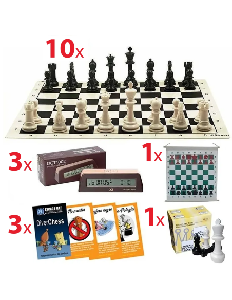 School pack with 10 boards, magnetic demonstration board, 3 DGT 1002 clocks, Diverchess cards and giant chess