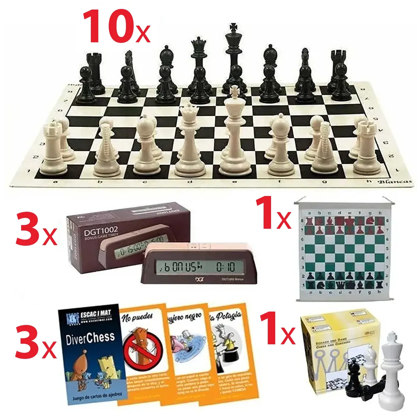 Pack escolar completo con tableros, mural, relojes, cartas Diverchess y ajedrez grande