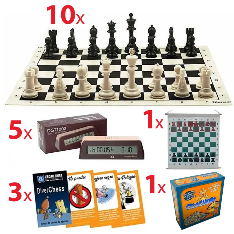 Pack escolar premium con 10 tableros, 10 juegos de piezas, 1 mural, 5 relojes DGT 1002, 3 Diverchess y 1 OcaChess