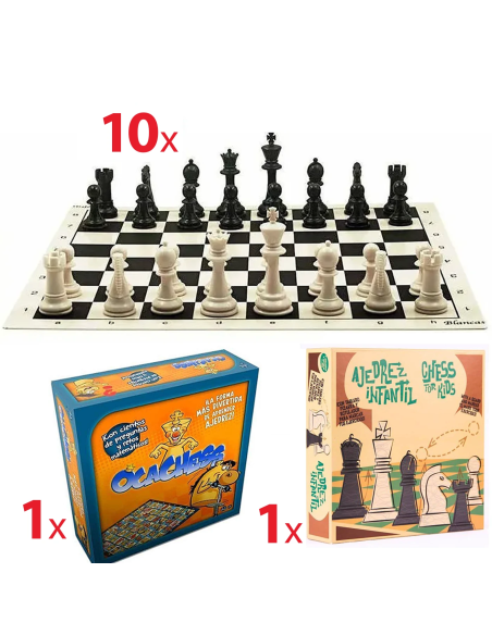 Pack escolar creatiu amb 10 taulers, 10 jocs de peces, 1 OcaChess i 1 joc d’escacs pintable