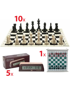 Pack escolar d’escacs amb 10 taulers, 10 jocs de peces, mural magnètic i 5 rellotges DGT 1002