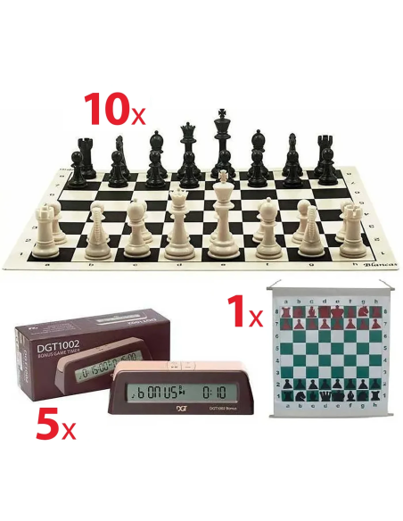 School chess pack with 10 boards, 10 sets of pieces, a magnetic demonstration board and 5 DGT 1002 clocks
