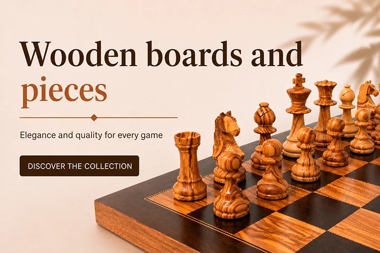Wooden boards and chess pieces